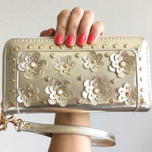 Gold Floral Metallic Pearl Wallet Wallet Wristlet